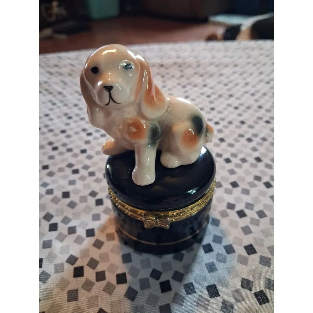 Cocker Spaniel Porcelain Small Trinket Box Hinged Crackle Glaze Dog Puppy Black